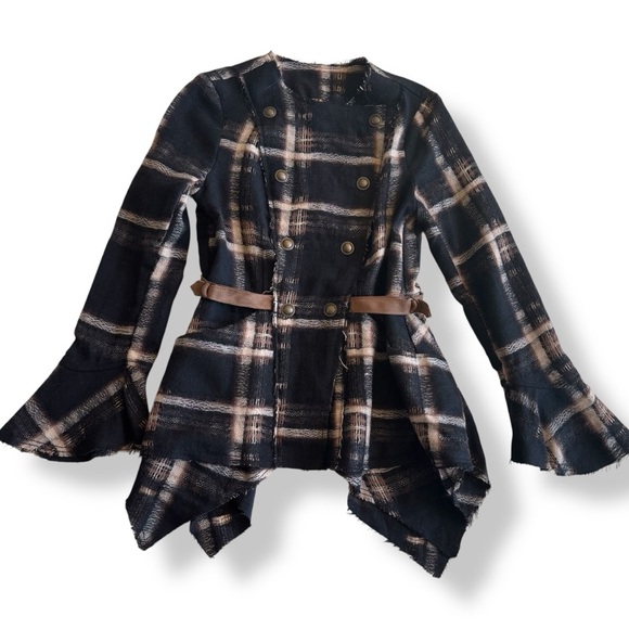 Free People wool coat new pea coat plaid black brown sz XS jacket snap up - Picture 1 of 11